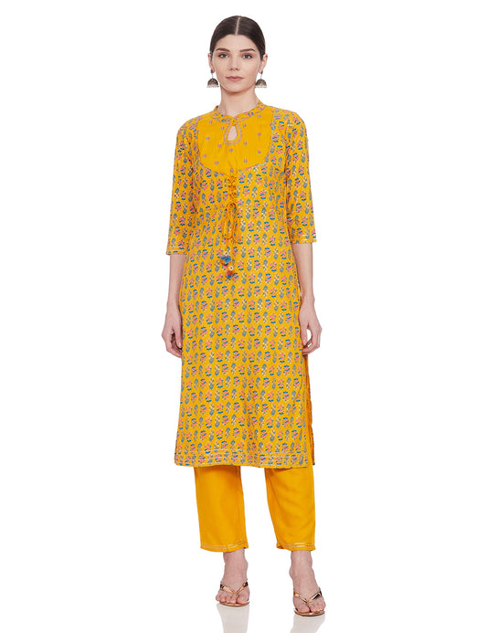 Anubhutee Women's Yellow Blue Floral Printed Empire Cotton Straight Kurta Suit Set with Pants