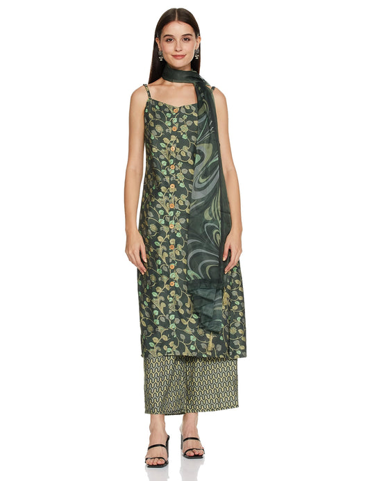 KETCH Women's Polyester Blend Regular Fit Printed Sleeveless Kurta With Pant & Dupatta