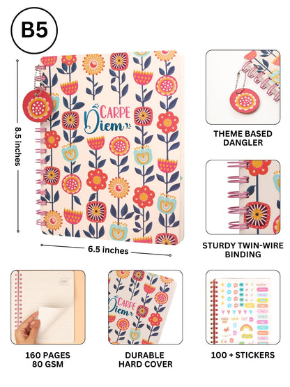Doodle Hardbound Spiral Notebook Diary With Bookmark Dangler And 100+ Stickers | B5 | 160 Undated Ruled Pages | 80 Gsm Acid Free