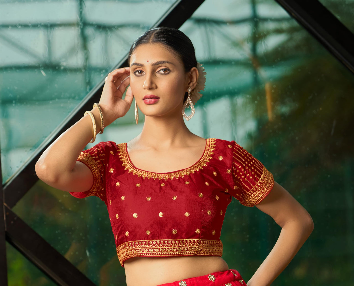 Pujia Mills WomenS Red Readymade Blouse Embroidery Multi Coding Gold Thread Indian Ethnic Designer Blouse Stitched WomenS Read