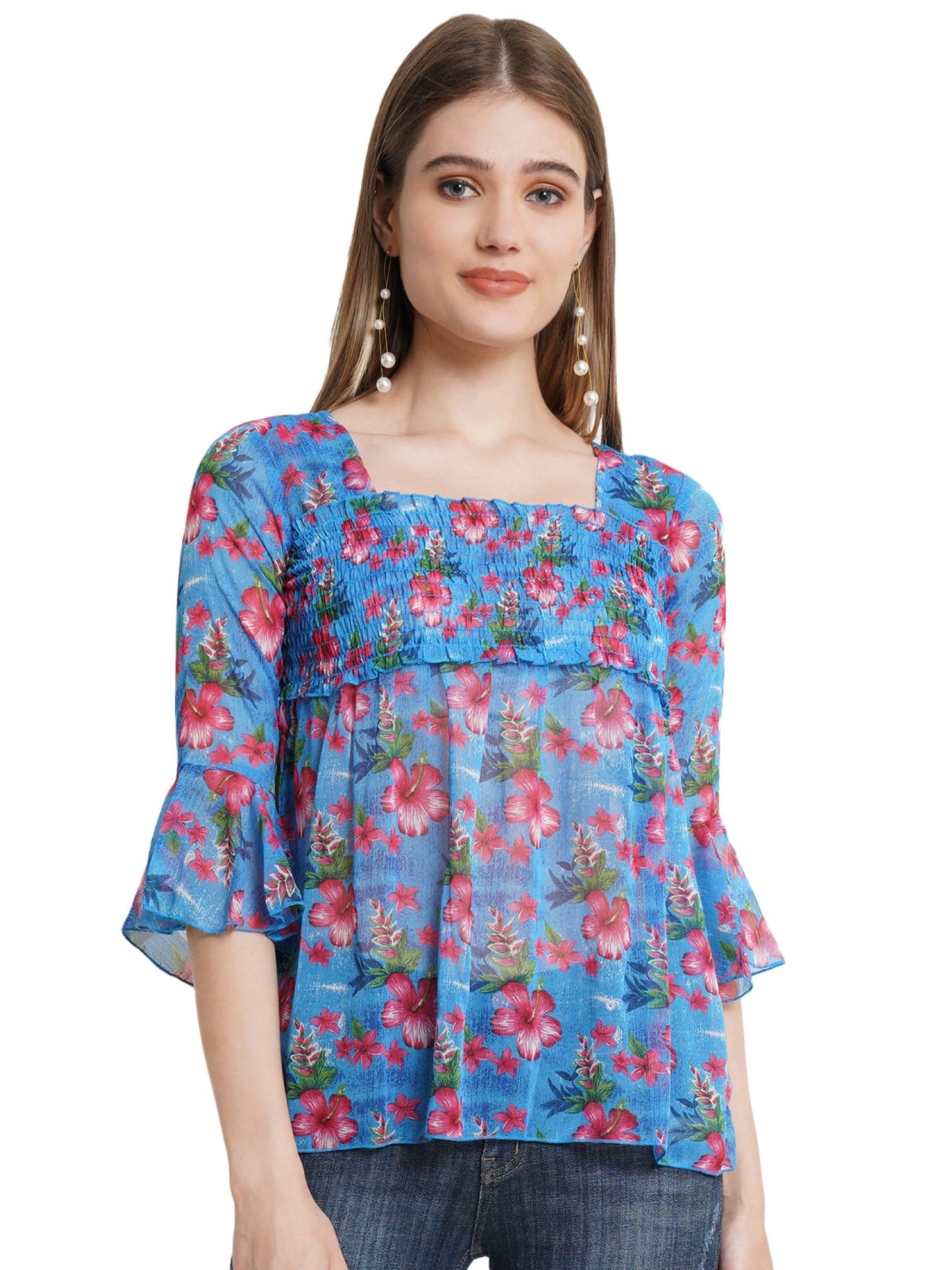 POPWINGS Printed Chiffon Peplum Tops for Women || 3/4th Sleeves Square Neck Women Tops for Summer || Stylish Western Smocking Wo