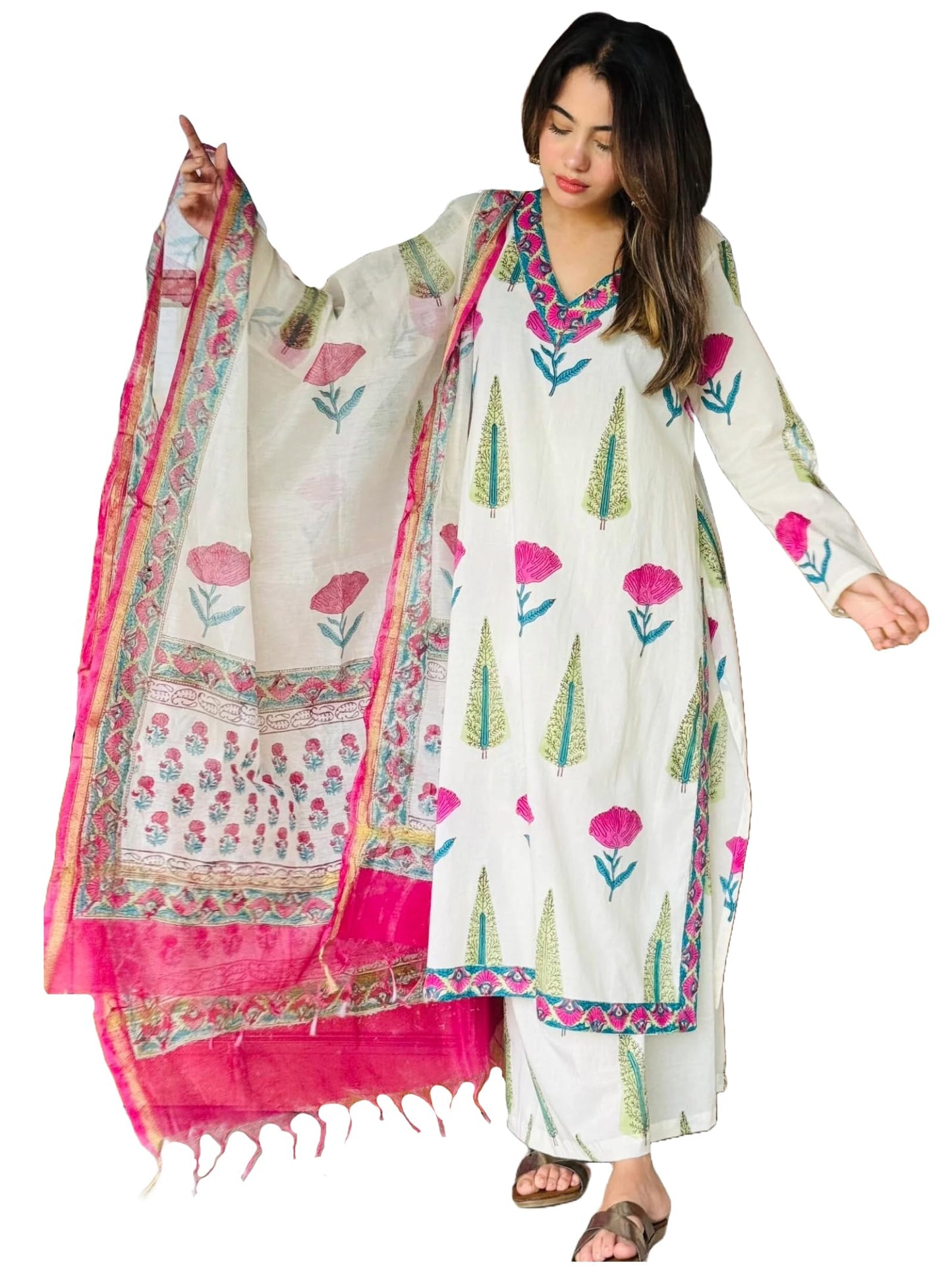 ANNI DESIGNER Women s Rayon Blend Printed Straight Kurta with Pants and Dupatta, white, 44