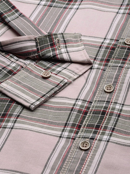 The Indian Garage Co Men Pink Checkered Slim Fit Casual Shirt