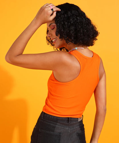 POPWINGS Women Casual Orange Rib Tank Crop Top Tops for Women | Stylish Tops for Women | Trendy Tops Women