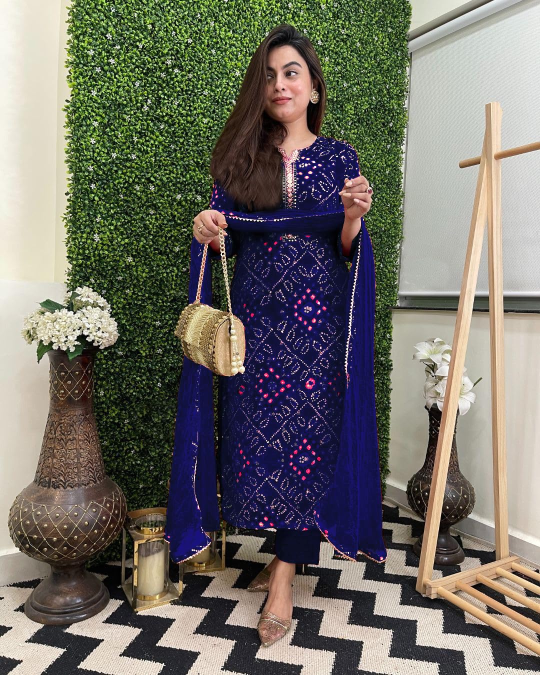 GoSriKi Printed Viscose Rayon Kurta Set for Women, Size 36, Blue, Model TURAE RED-GS with Trousers and Dupatta