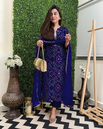 GoSriKi Printed Viscose Rayon Kurta Set for Women, Size 36, Blue, Model TURAE RED-GS with Trousers and Dupatta