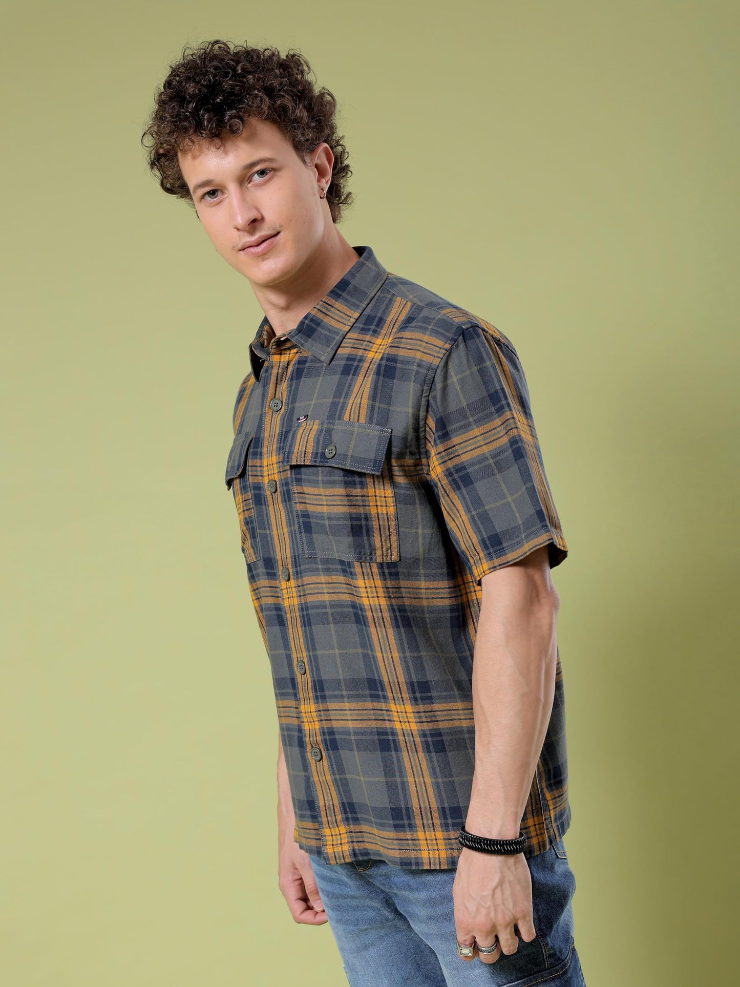 The Indian Garage Co Mens Checkered Boxy Shirt (0823-SHCHST-02-01_Olive