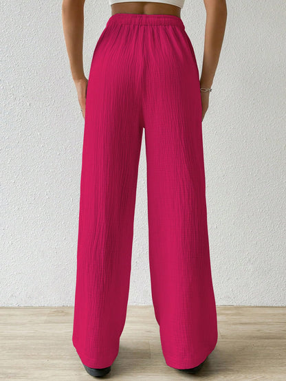 Shasmi Womens Hot Pink Loose Wide-Leg Pants with Textured Wrinkled Fabric and Drawstring Waist Long Trousers (Pant 157 Hot Pink