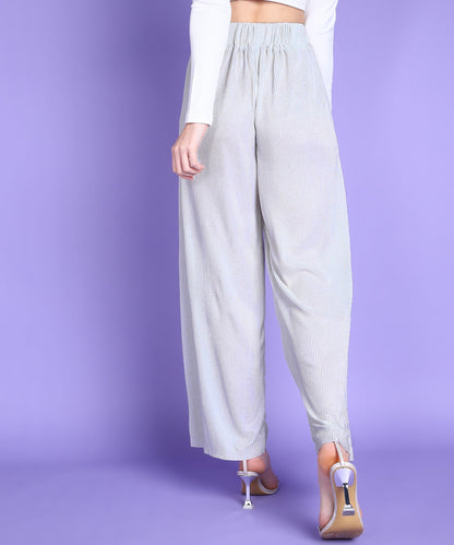 POPWINGS Casual Self Design Wrinkle Shimmer Trouser for Women || Pull On Trouser for Women || High Rise Loose Fit Women Trouser