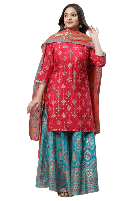 Aurelia Women's Red Shantung Printed Festive Kurta, Skirt and Dupatta Set