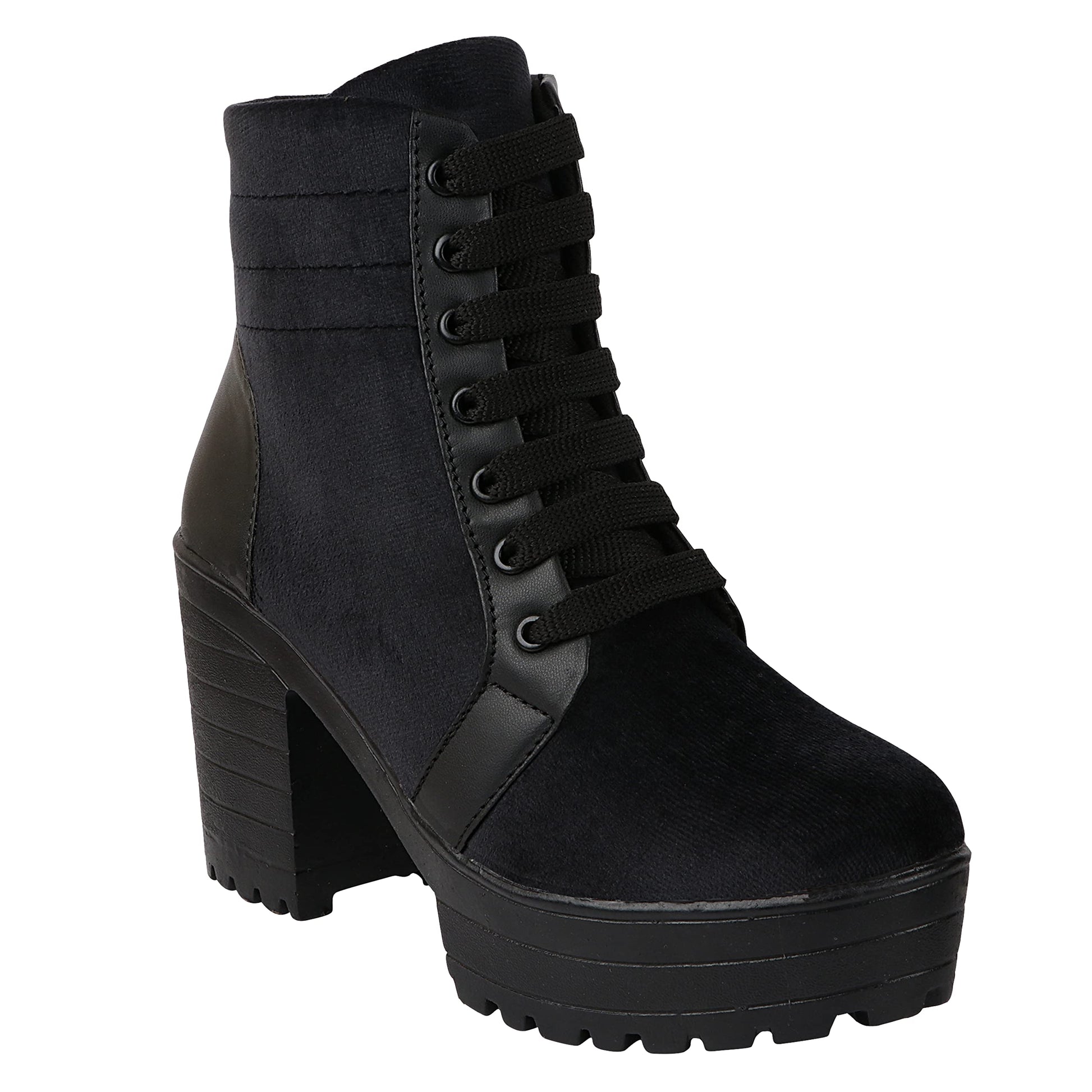 Shoetopia Women Black Block Heeled Lace Up Boot