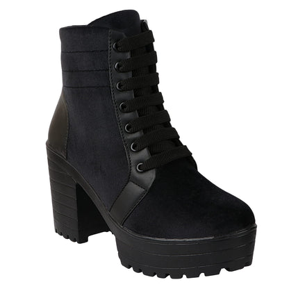 Shoetopia Women Black Block Heeled Lace Up Boot