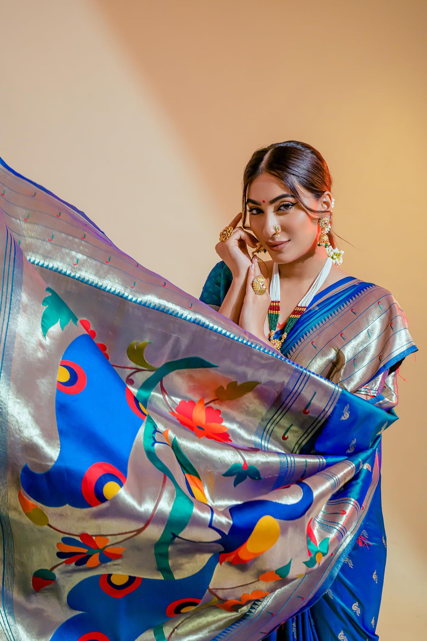 Pujia Mills Woman Pure Banarasi Silk Paithani Saree Indian Ethnic Wear Kanjivaram Saree With Heavy Golden Zari Woven Border With