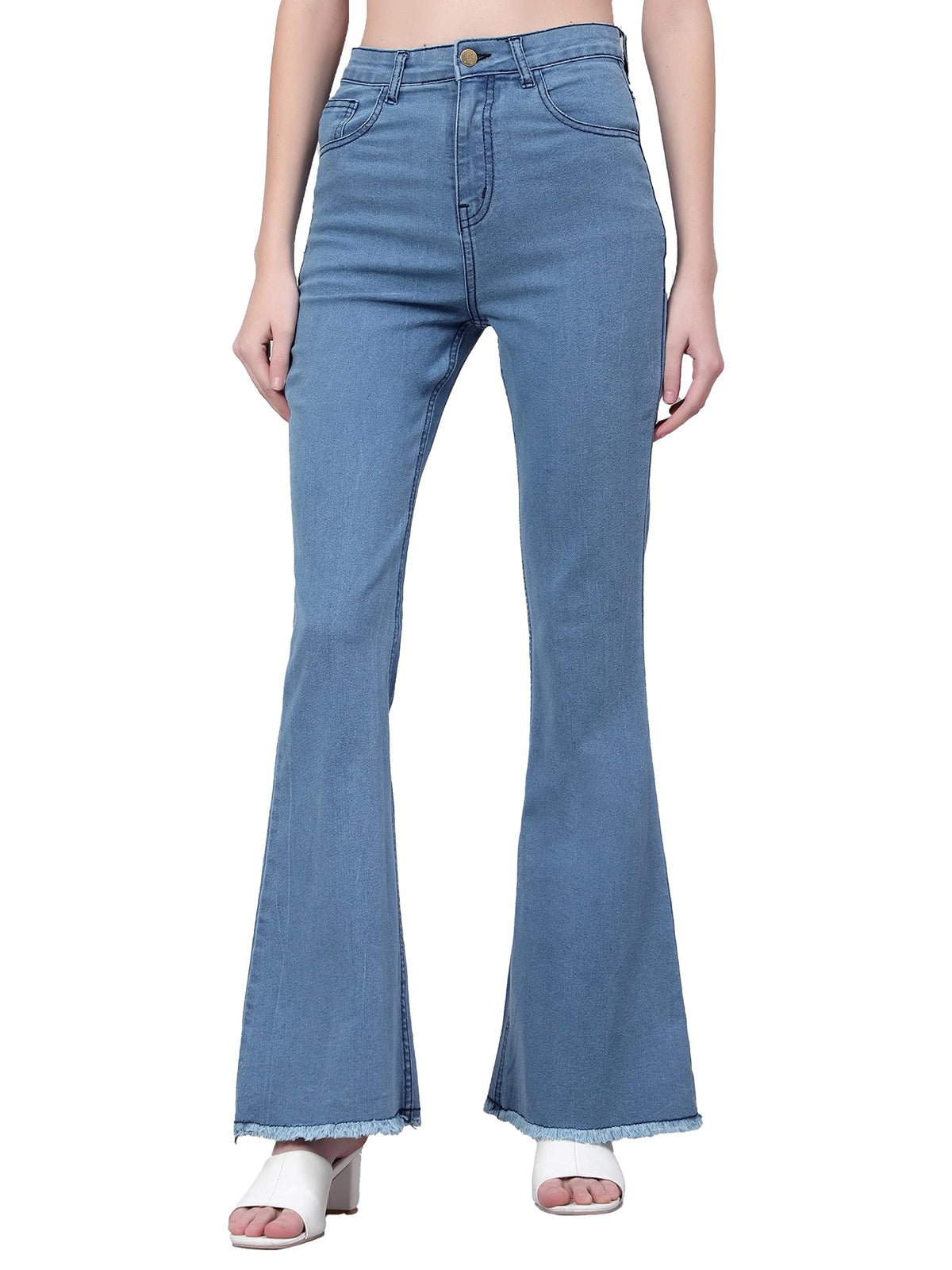 Kotty Womens Cotton Lycra Blend Bootleg Fit High Rise Jeans Sky Blue