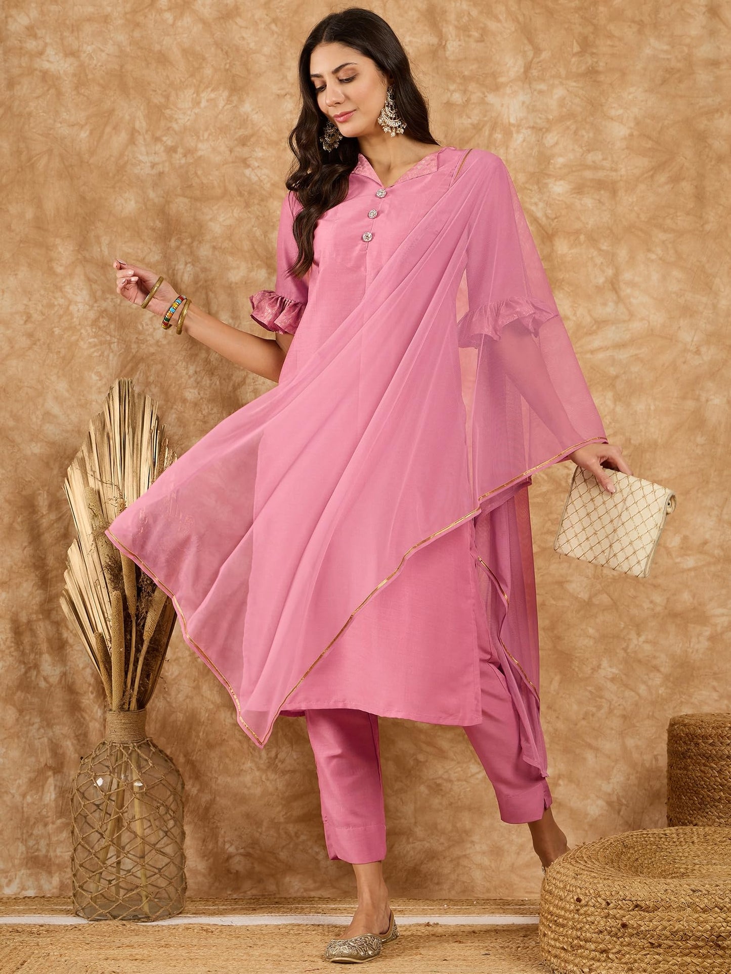 ZIYAA Art Silk Women's Pink Chinon Kurta,Pant Set with Dupatta