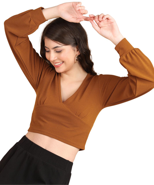POPWINGS Women Casual Self Design Rust Deep V Neck Full Sleeve Crop Top