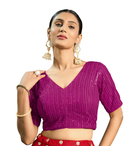 Vihu Fashion Womens Indian Ethnic Wear Designer Silver Sequence with Matching Embroidered Work V Neck Half Sleeve Readymade Pad