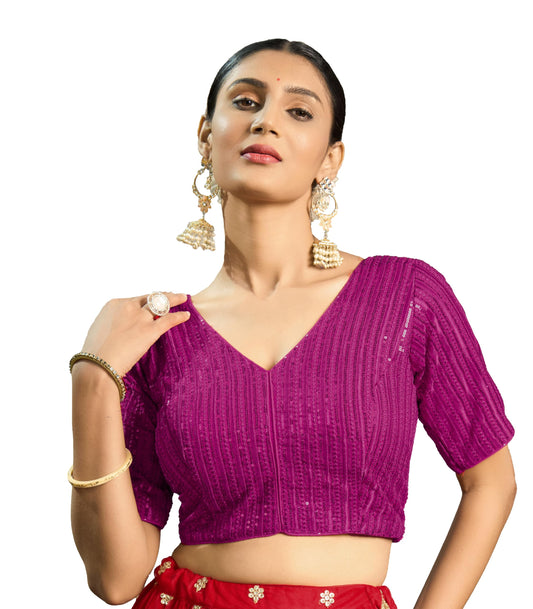 Vihu Fashion Womens Indian Ethnic Wear Designer Silver Sequence with Matching Embroidered Work V Neck Half Sleeve Readymade Pad