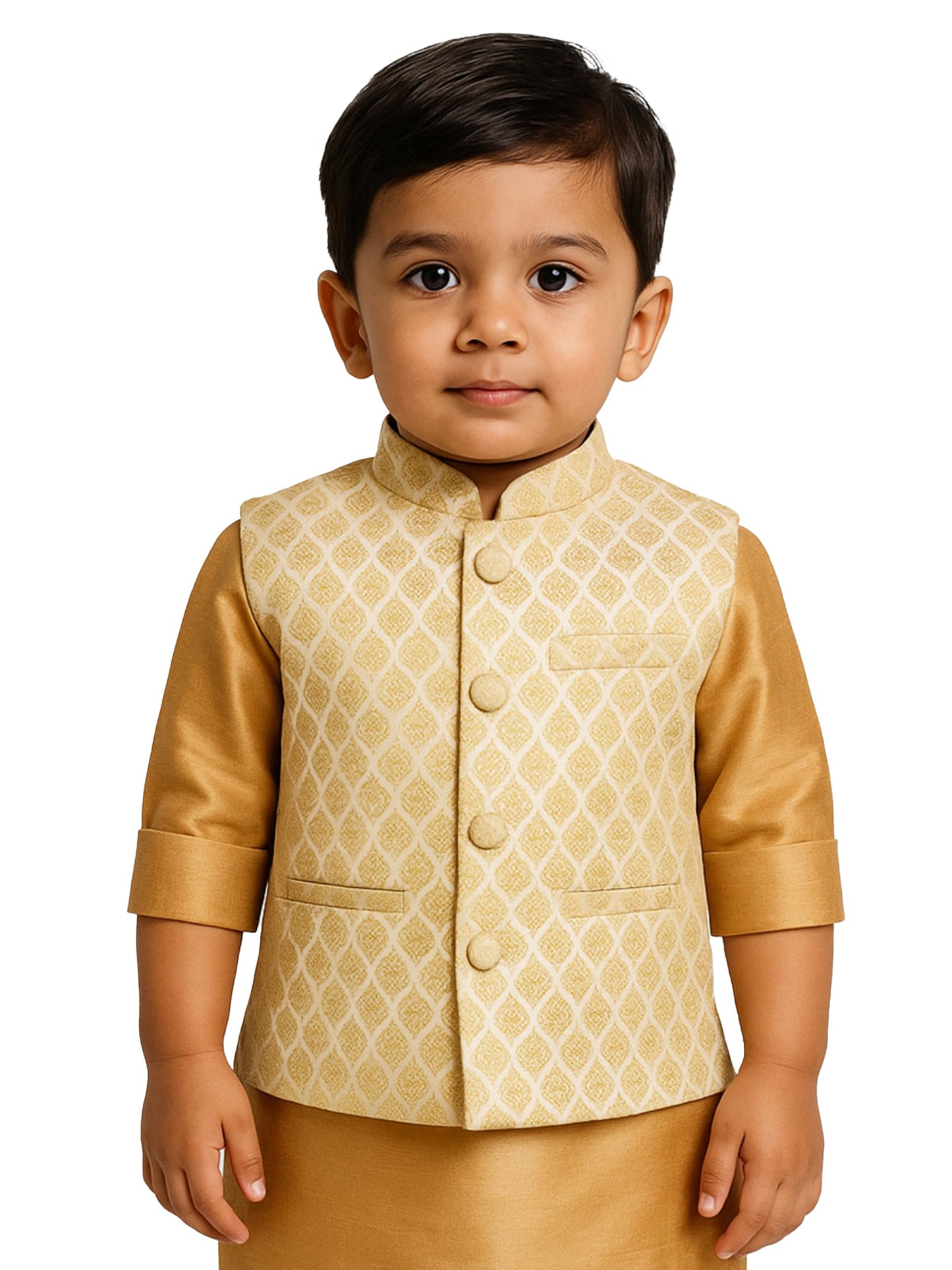 Vastramay Banarasi Brocade Woven Jacquard Nehru/Modi Jacket For Boys  Cream Ethnic Waistcoat For Weddings & Festivals