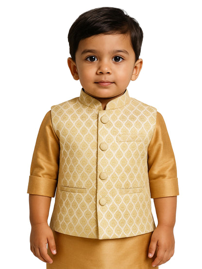 Vastramay Banarasi Brocade Woven Jacquard Nehru/Modi Jacket For Boys  Cream Ethnic Waistcoat For Weddings & Festivals