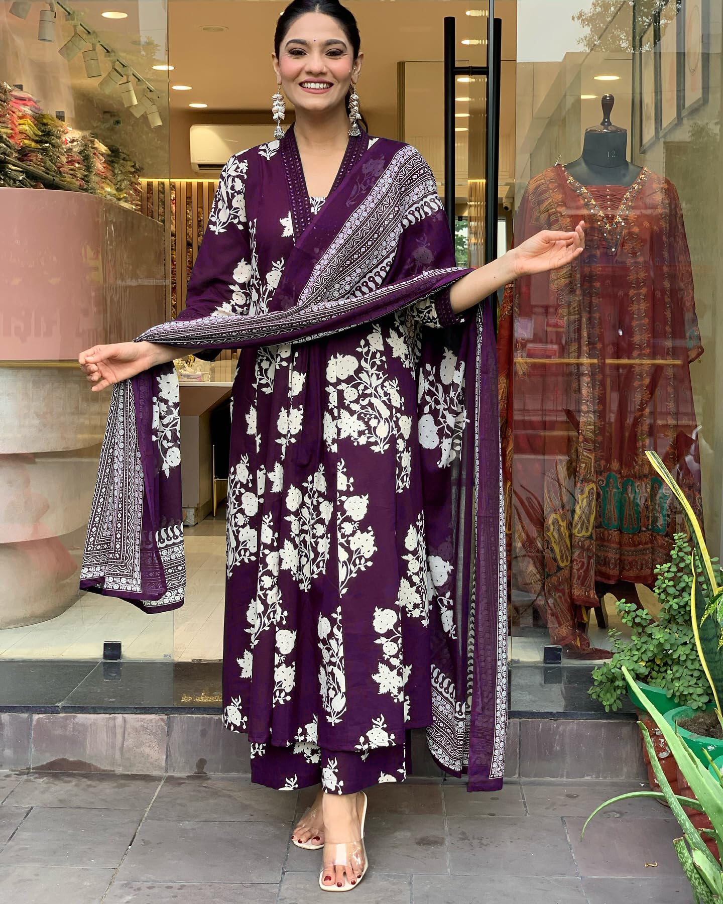 Toochki WomenS Rayon Viscose Anarkali Printed Kurta With Palazzo & Dupatta Purple Color