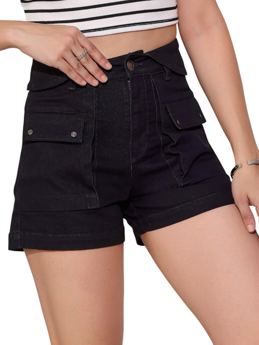 Dolce Crudo WomenS High-Rise Flared Stretch Denim Shorts With Quilted Waist & Statement Pockets (Doaw25Den62-77-335-34, Charcoa