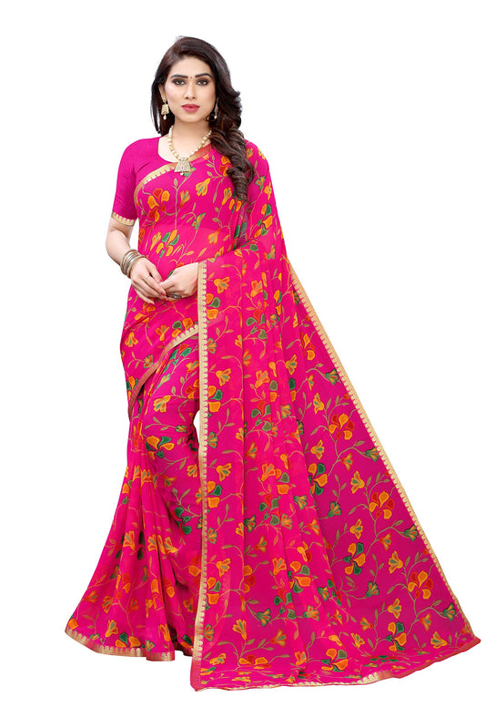 Anni Designer WomenS Chiffon Floral Printed Saree With Border And Blouse Piece (Ziva-Pink_Free Size)