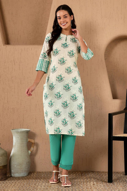 W Green Floral Printed Cotton Regular Kurta For Women