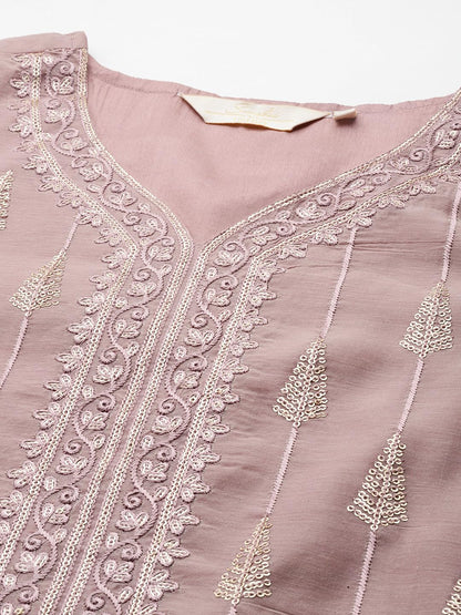 ishin Silk Blend Embroidered Mauve Straight Kurta Suit Set with Trousers
