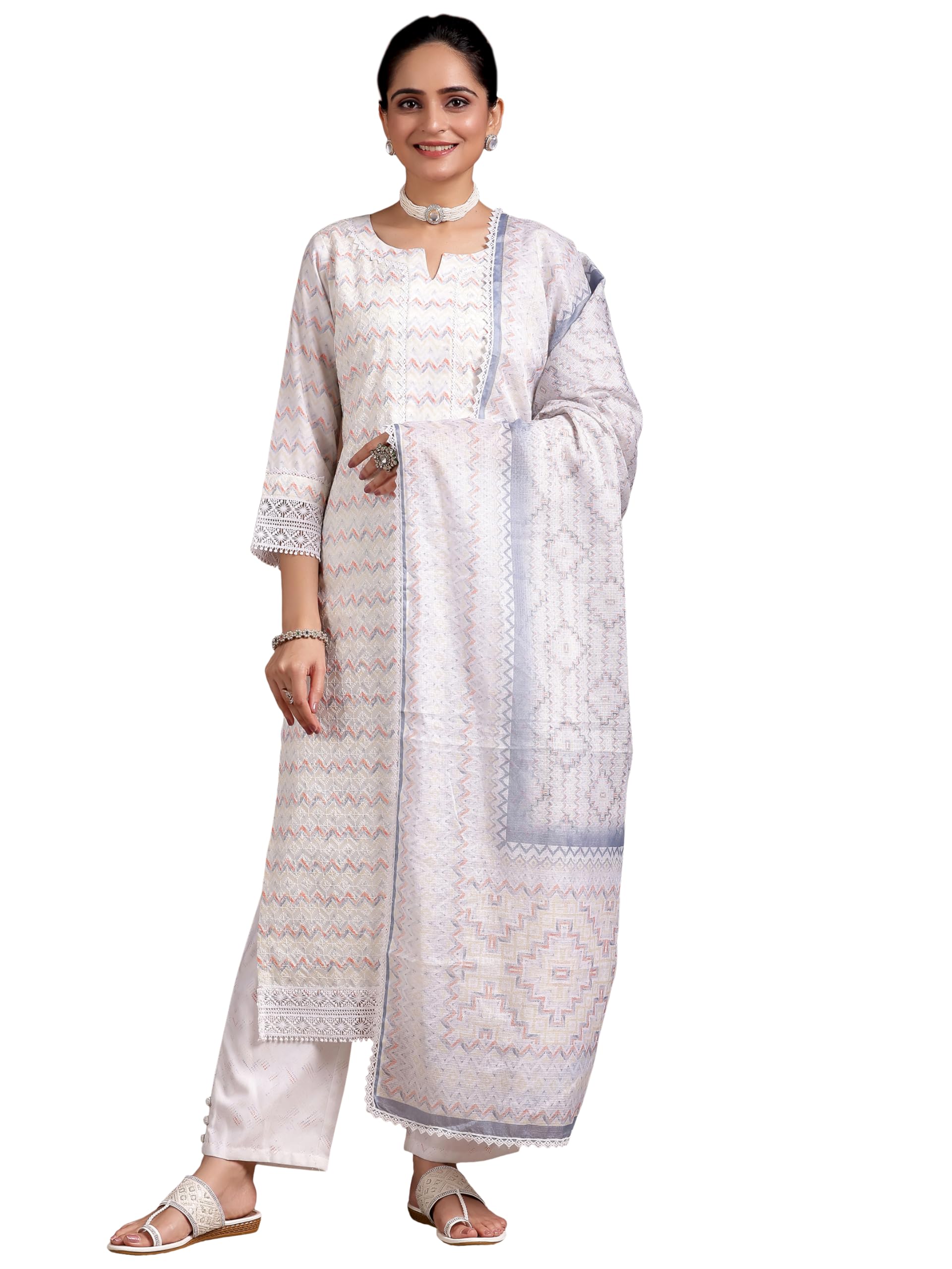 Libas Womens Embroidered Cotton Blend Straight Kurta With Palazzos And Dupatta