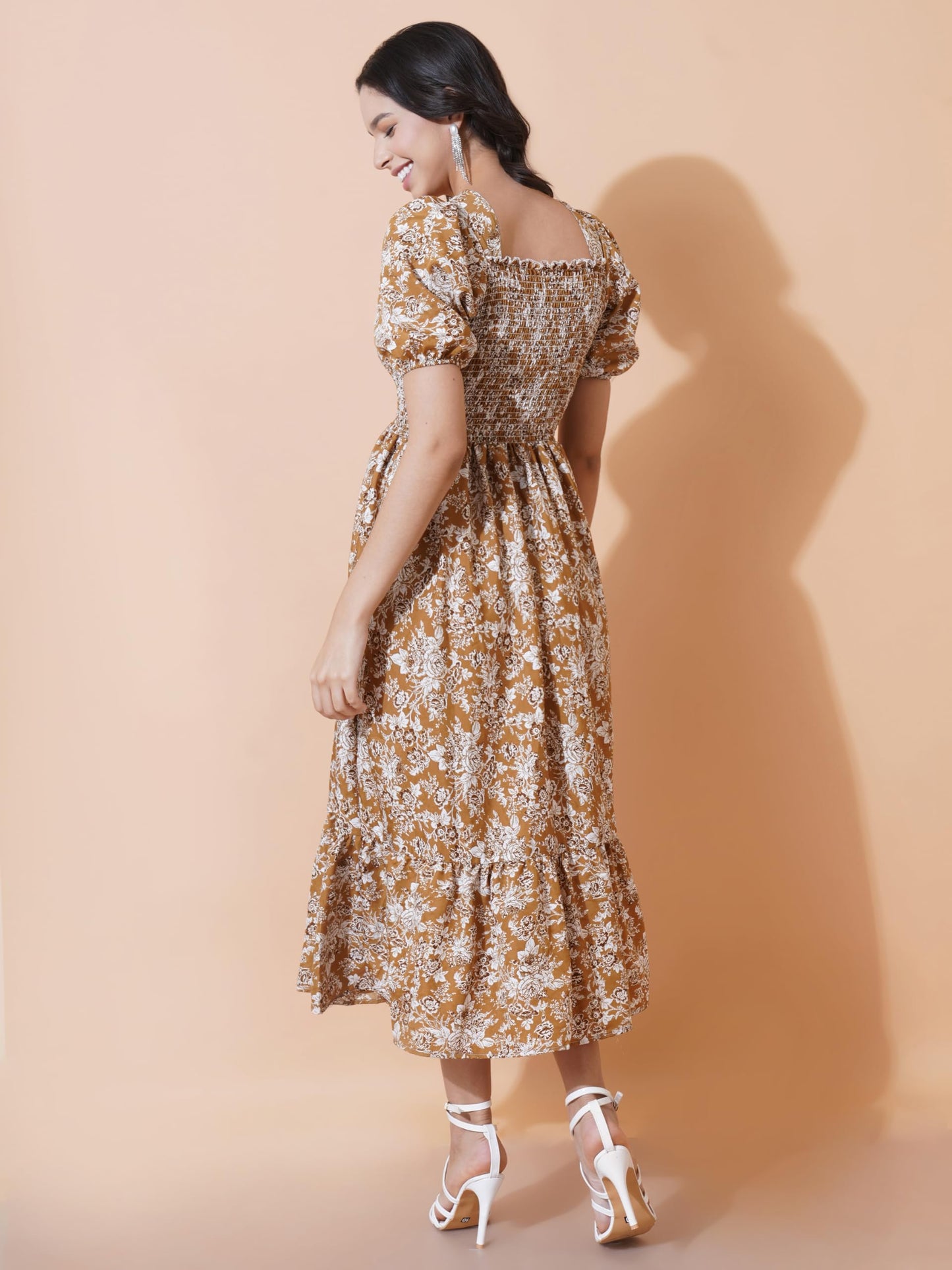 KZULLY | Elegance: Smocked A-line Midi Dress - Superior Comfort & Chic Style Mustard