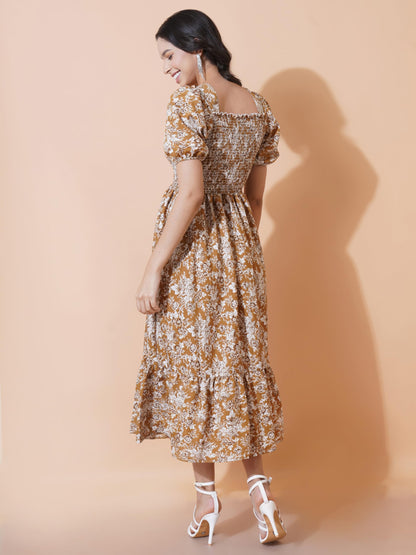 KZULLY | Elegance: Smocked A-line Midi Dress - Superior Comfort & Chic Style Mustard