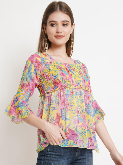 POPWINGS Printed Chiffon Peplum Tops for Women || 3/4th Sleeves Square Neck Women Tops for Summer || Stylish Western Smocking Wo