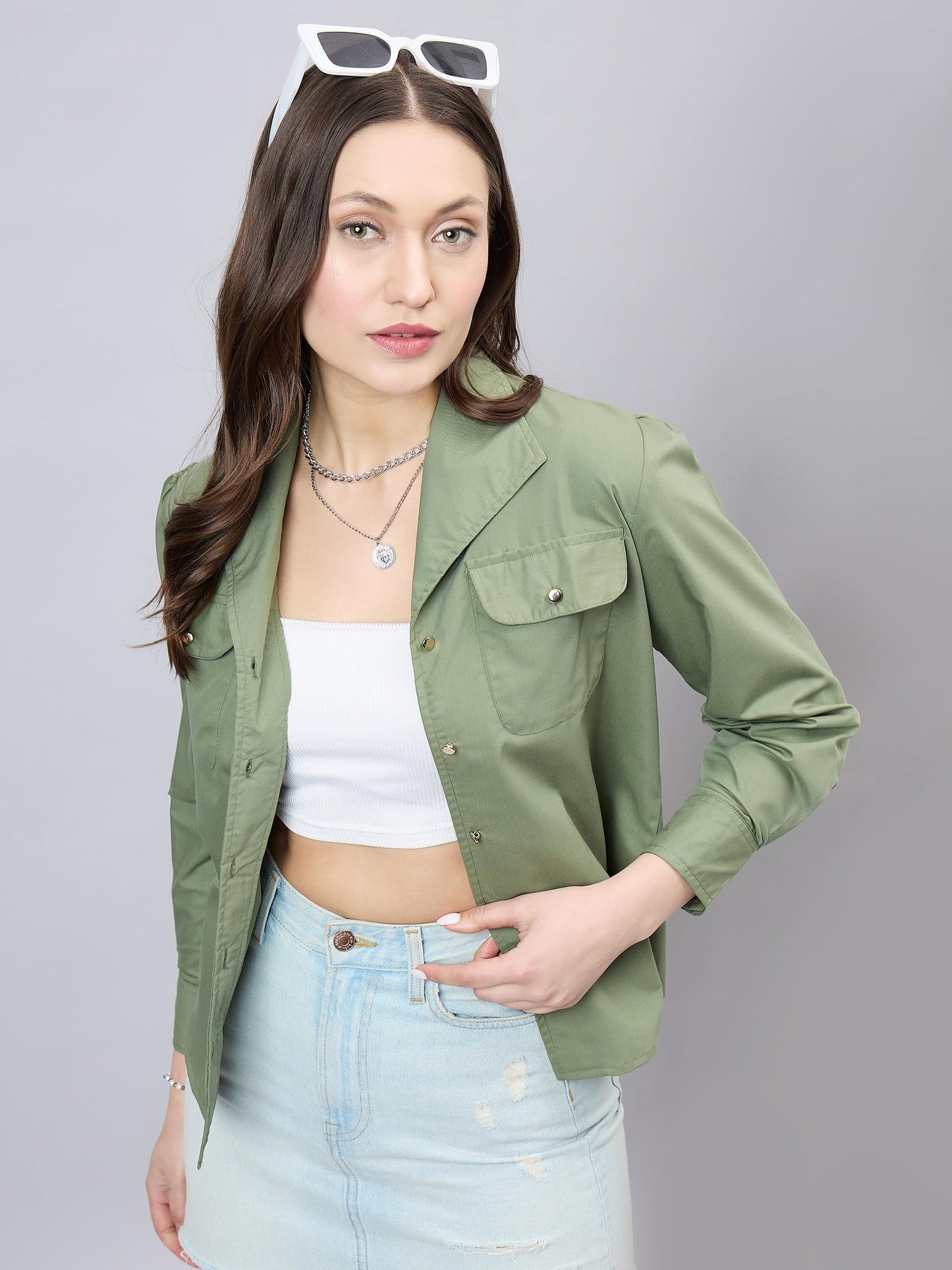 Style Quotient Women Solid Olive Polycotton Relaxed Fit Smart Casual Shacket