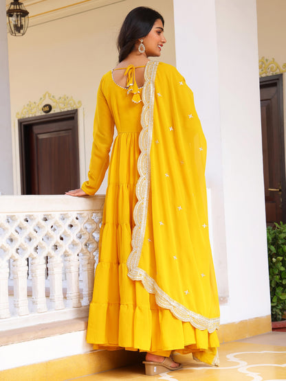 Fashion Basket WomenS Georgette Solid Anarkali Dress Yellow