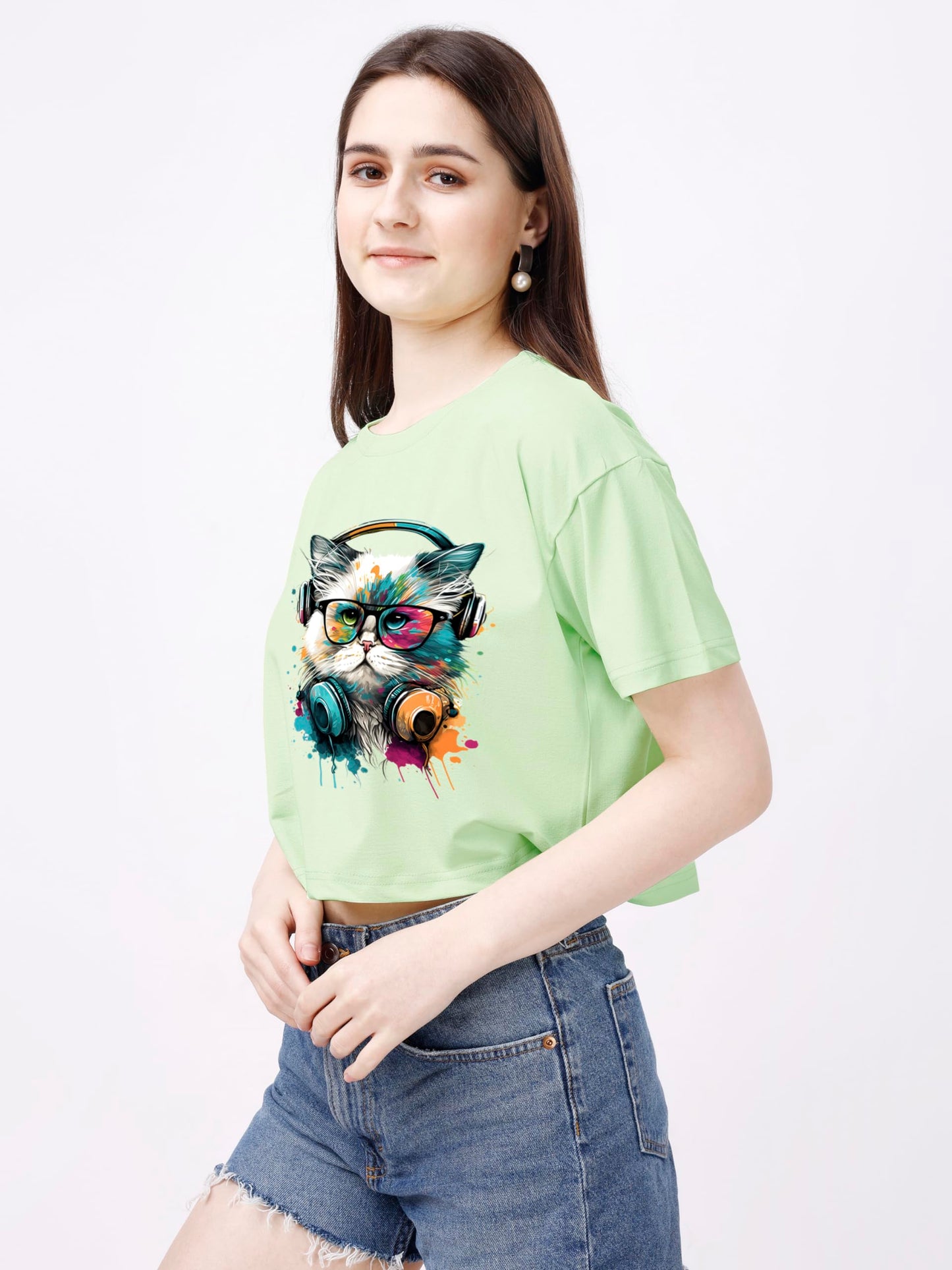 ELLITI Soft Rich Cotton Casual Cat Face Printed Cyan/See Green Half Sleeve | Round Neck | Oversized/Loose Fit | Down Solder | Ra