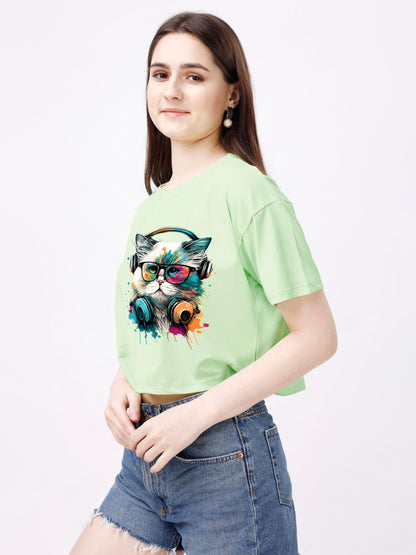 ELLITI Soft Rich Cotton Casual Cat Face Printed Cyan/See Green Half Sleeve | Round Neck | Oversized/Loose Fit | Down Solder | Ra