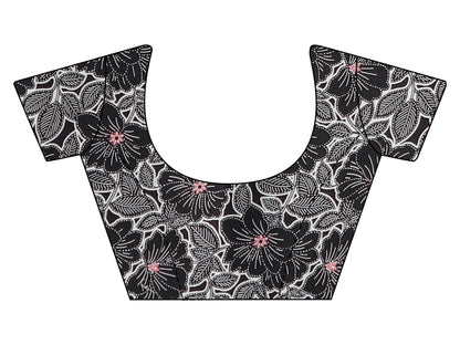 Womanista Womens Satin Two Way Floral Black Saree With Un-stitched blouse