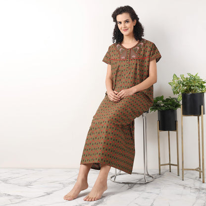 Evolove WomenS 100% Cotton Supersoft With Beautiful Embroidery Long Maxi Night Gown Nighty Dress With Pocket, Most Comfortable