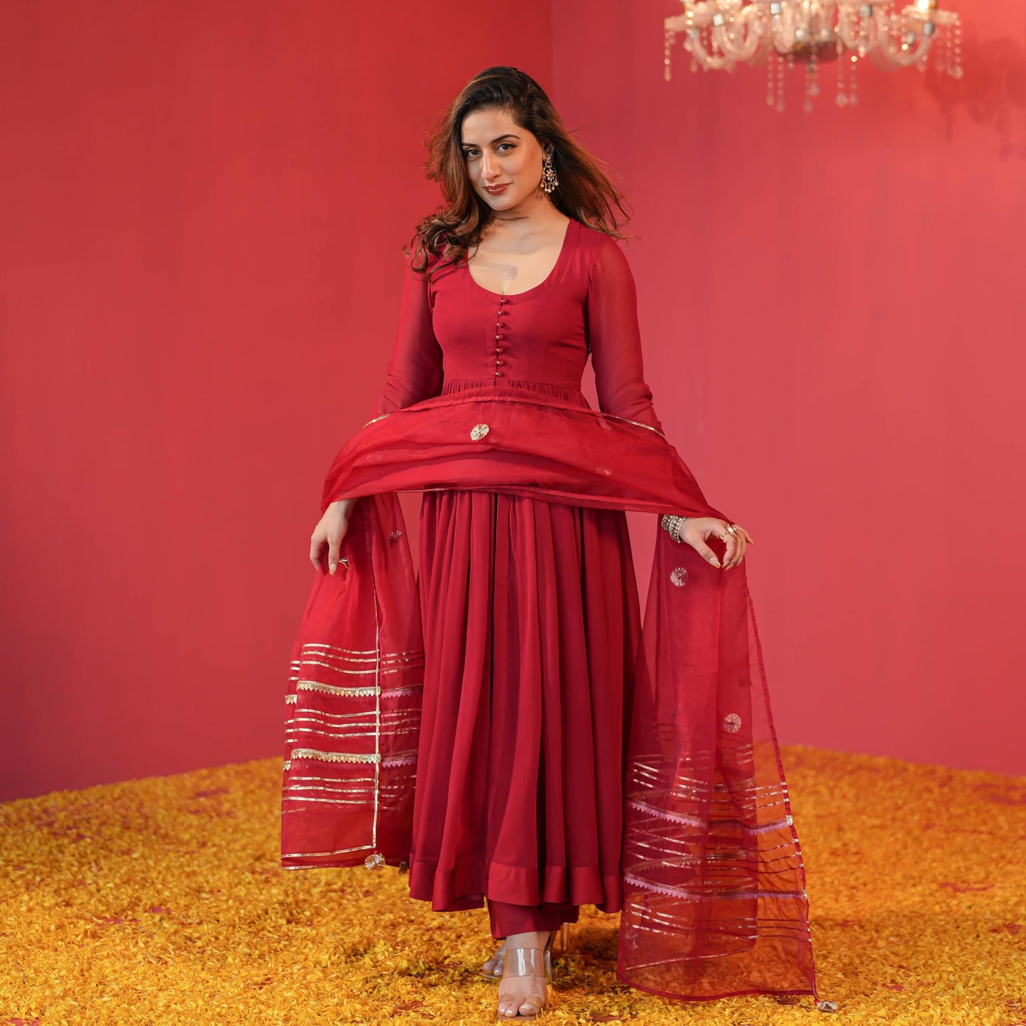 GoSriKi Women's Anarkali Kurta with Pants & Dupatta, Rayon Blend, Size 36, Red, Model JAYNTI RED-GS