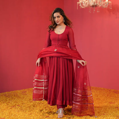 GoSriKi Women's Anarkali Kurta with Pants & Dupatta, Rayon Blend, Size 36, Red, Model JAYNTI RED-GS