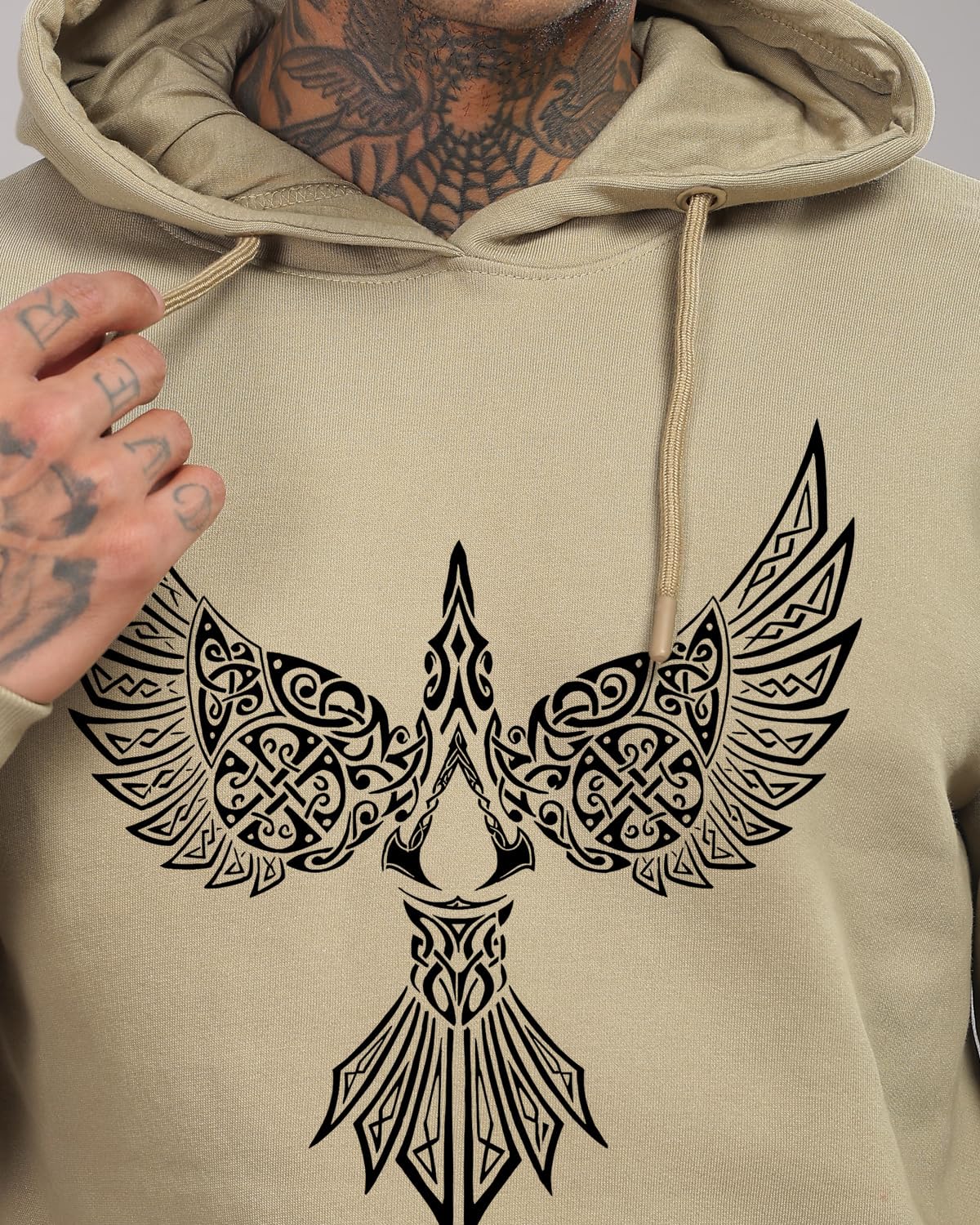 ADRO Men's Cotton Neck Hooded Sweatshirt (H24-BIRD-BE_Beige