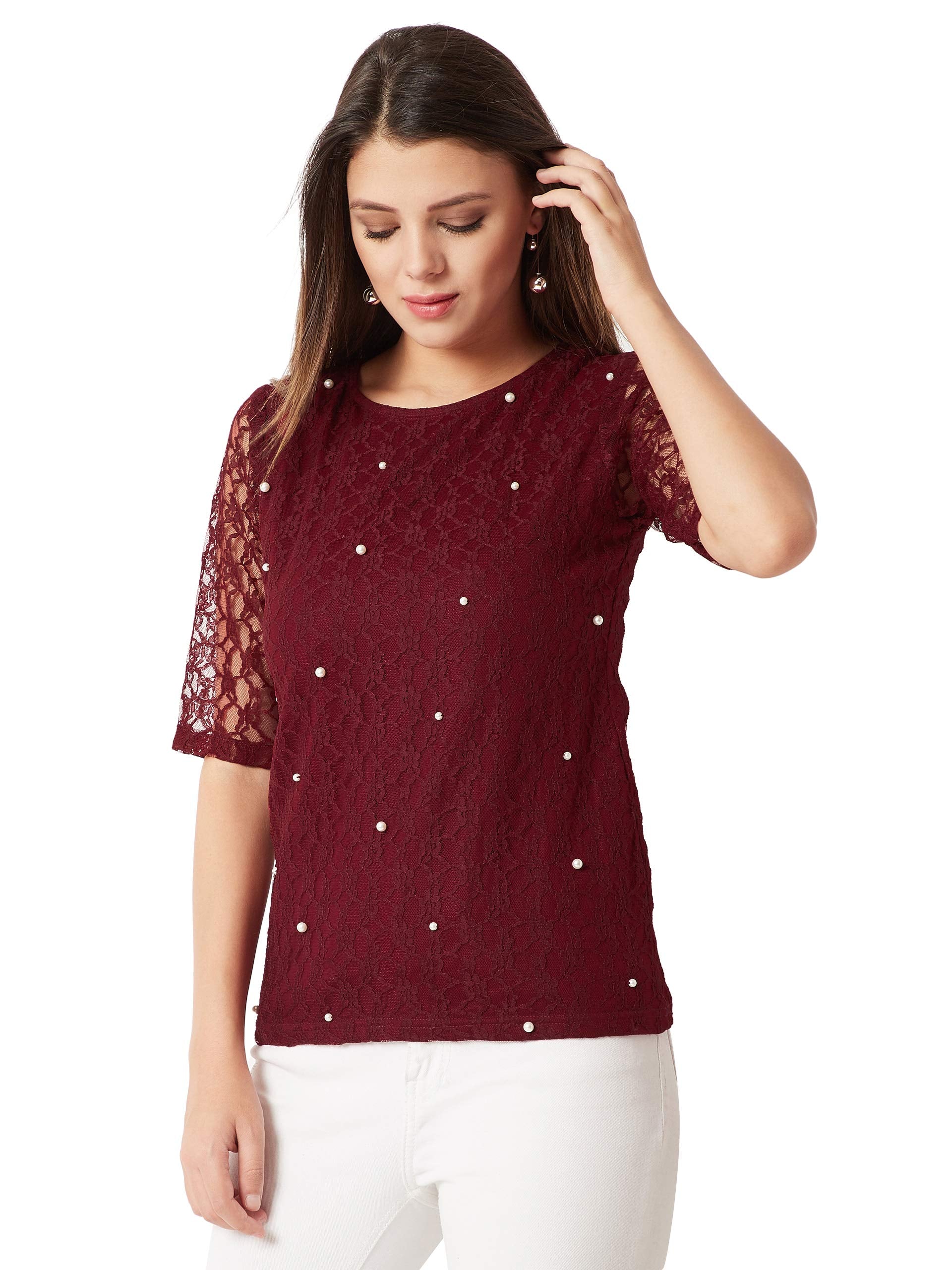 Miss Chase WomenS Maroon Lace Pearl Top(Mcaw18Tp09-35-143-06_Maroon_X-Large)