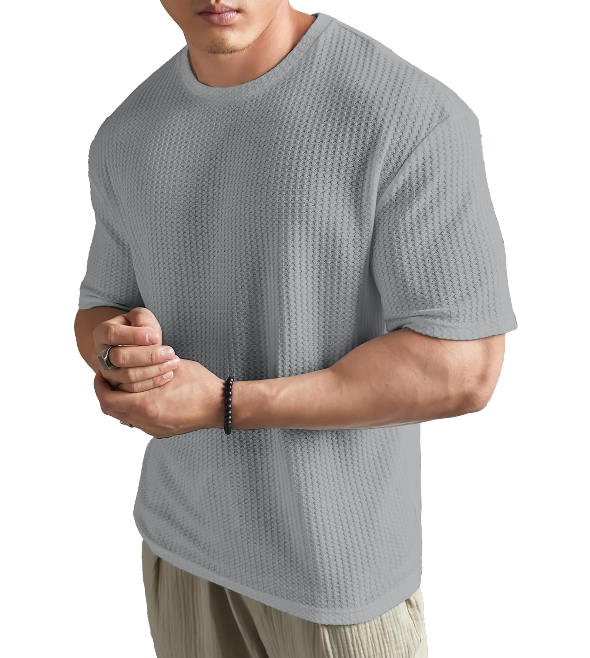 SHODOX Mens Solid Dotted Unique Design Oversized Tshirt for Men - Round Neck Loose Fit Drop Shoulder Mens T-Shirt Grey