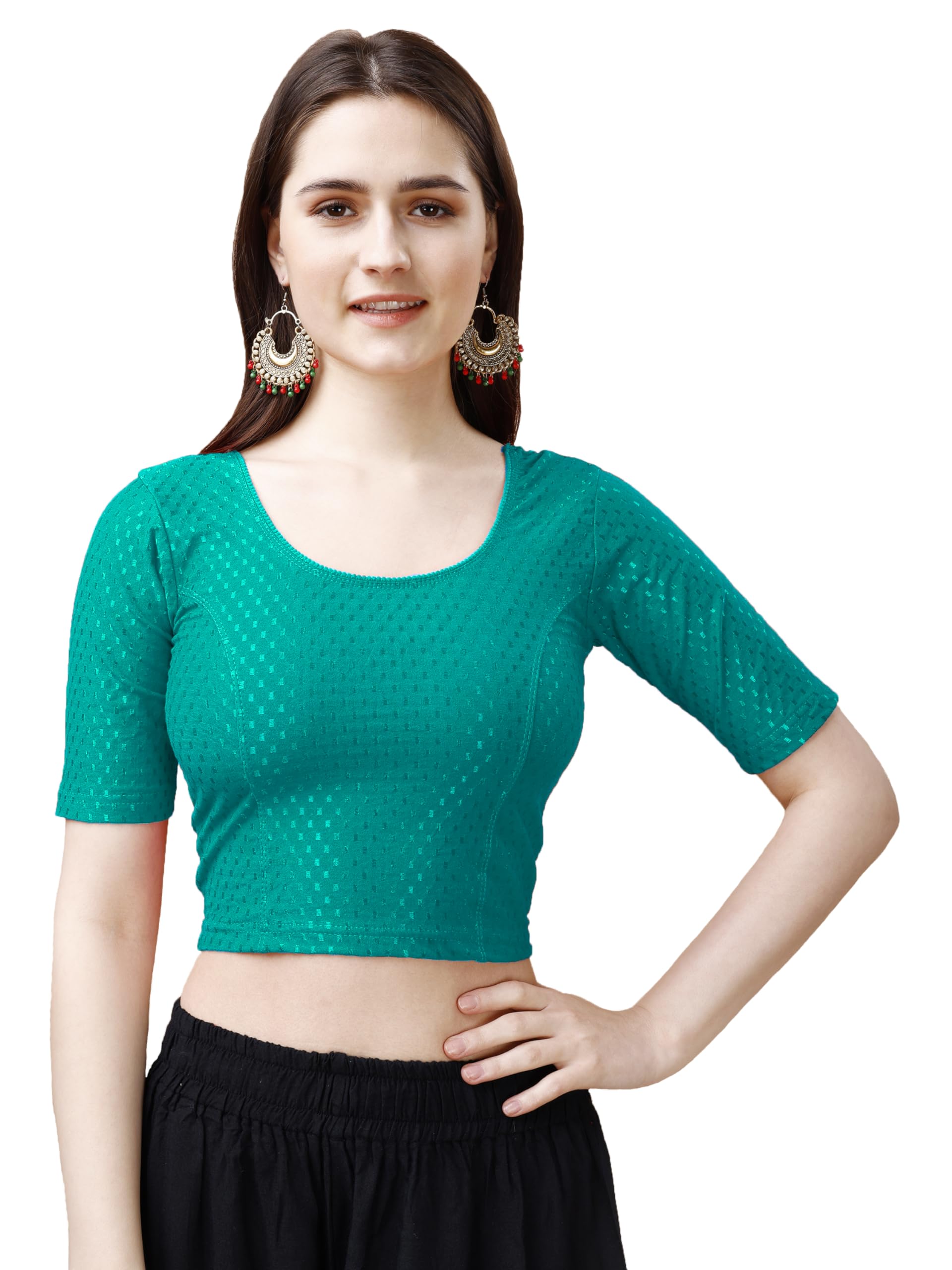 Pujia Mills WomenS Readymade Dobby Cotton Lycra Stretchable Round Neck Half Sleeve Blouse Fancy Rama Color Lycra Stretchable Bl