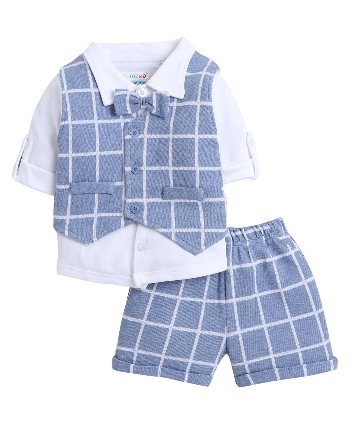 BUMZEE Cotton Sky Blue & White Boys Half Sleeves Shirt Waistcoat & Short Set with Applique Bow Age - 18-24 Months (Peb8055E-Sbl.