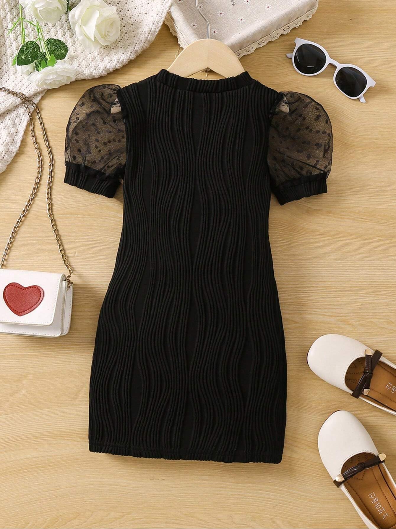 TAGAS Young Girl Contrast Dobby Mesh Puff Sleeve Dress || Girls Dress || Party Dress for Girls ||Fency Dress||(GCD) Black
