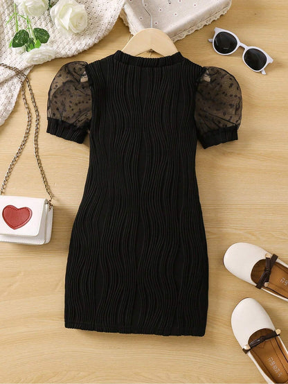 TAGAS Young Girl Contrast Dobby Mesh Puff Sleeve Dress || Girls Dress || Party Dress for Girls ||Fency Dress||(GCD) Black
