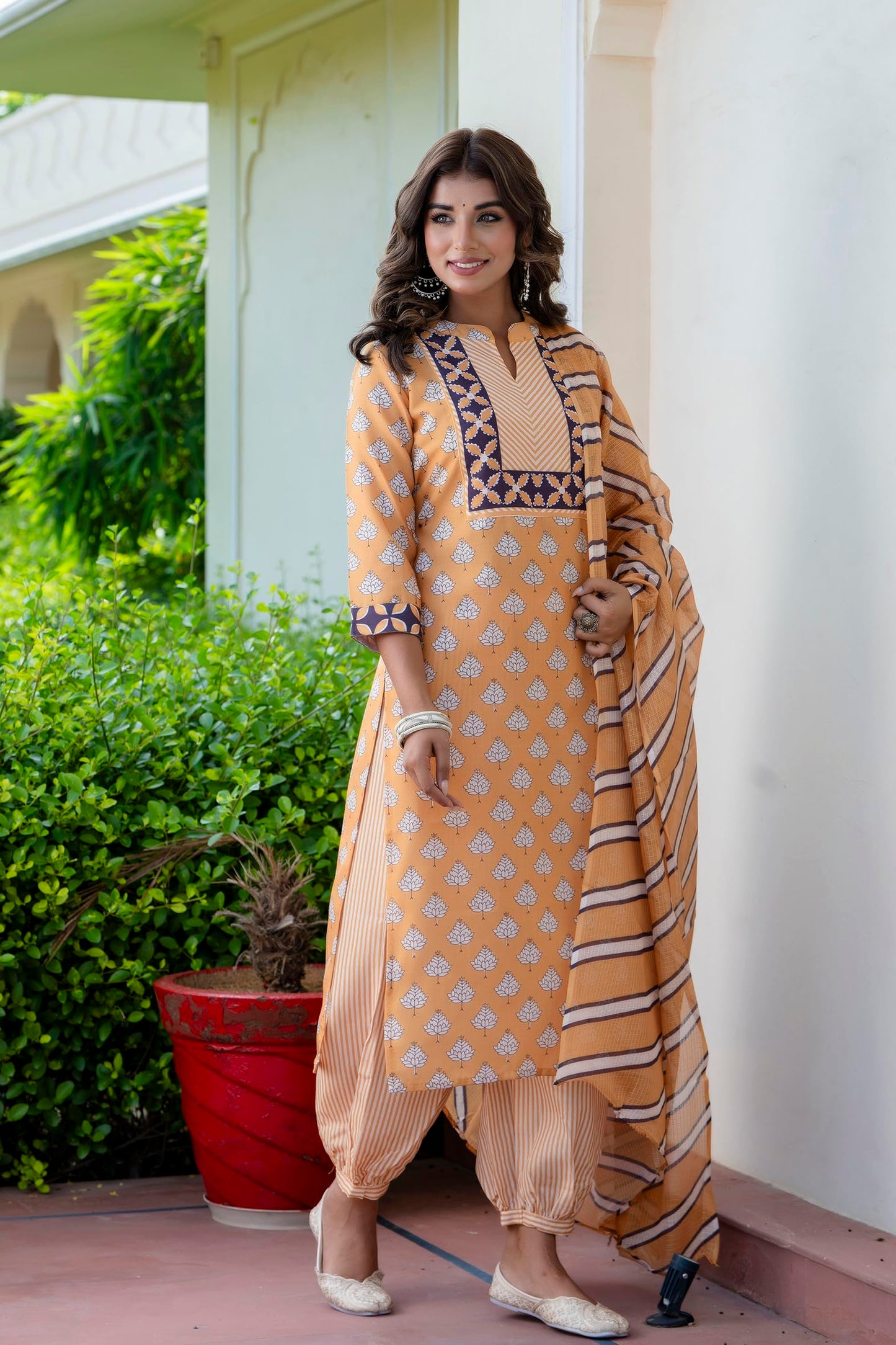 Yashika Women's Cotton Blend Printed Straight Kurta Afghani Pant Dupatta Kurta Set-Ethnic Elegance Embodied | Perfect Fusion of Tradition and Style