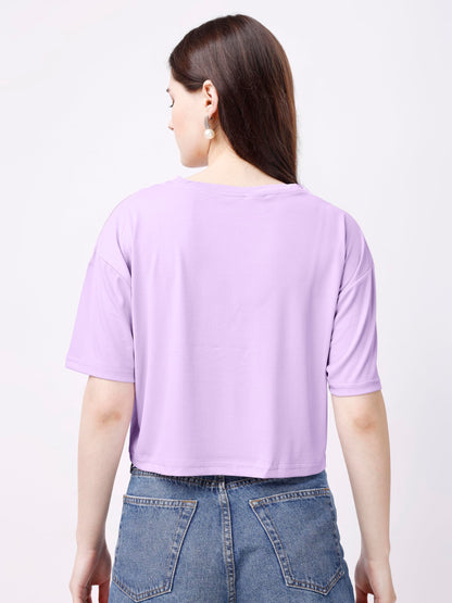 ELLITI Soft Rich Cotton Casual Cat Face Printed Lavender/Purple Half Sleeve | Round Neck | Oversized/Loose Fit | Down Solder | R